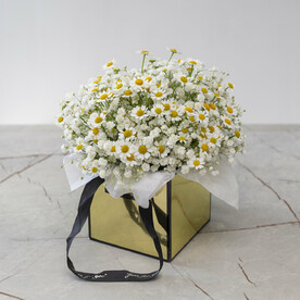 Ромашки и гипсофила в золотой сумочке