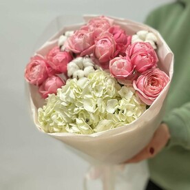 Букет трио/гортензия/пионовидные кустовые розы/хлопок натуральный/Цветы Уфы/Доставка Уфа
