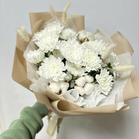 Букет «Вдохновение»/хризантема кустовая/хлопок натуральный /сухоцветы лагурус/Цветы Уфа/Доставка Уфа