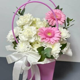 Сумочка счастья/гербера/гортензия/эвкалипт/Цветы Уфы/Доставка Уфа