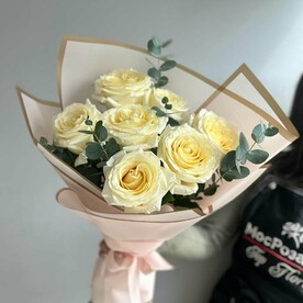 Букет сливочный/розы Эквадор премиум/ пионовидные/парфюмированные/эвкалипт/Цветы Уфы/Доставка Уфа