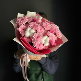 Букет авторский «В розовых очках»/хризантема кустовая/хлопок натуральный/сухоцвет/Цветы Уфа/Доставка Магнитогорск