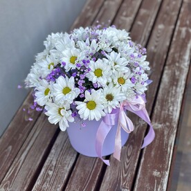 Ромашки и фиолетовая гипсофила в коробочке