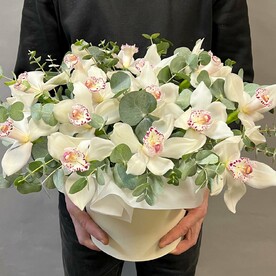 Белые Орхидеи Цимбидиум в коробке с лентами