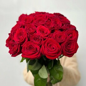 Букет из 25 красных роз, красивый букет цветов 50 см, букет живых цветов, Россия, арт: 1616