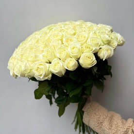 Букет 101 роза белая, огромный букет цветов высота 60 см, букет живых цветов, Россия, арт: 1556