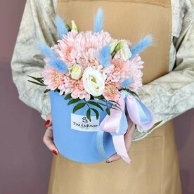 Лагурус, Хризантема кустовая, Лизиантус Эустома, Шляпная коробка, Оазис