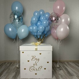 Коробка на гендер-пати с бантом и надписью, внутри коробки 30 маленьких шаров нужного цвета, 2 фонтана (коробка с шарами), Гелиевые шары, Воздушные шарики
