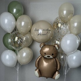 Стеклянный шар с любой надписью, 2 фонтана из шаров и медвежонок (шарики на выписку), Гелиевые шары, Воздушные шарики