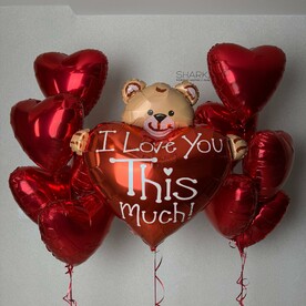 Медвежонок с большим сердцем и 2 фонтана из сердец, Гелиевые шары, Воздушные шарики