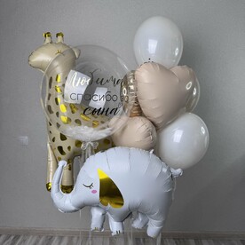 Баблс с любой надписью и перышками, фонтан из шаров, жирафик и слоник (шарики на выписку), Гелиевые шары, Воздушные шарики