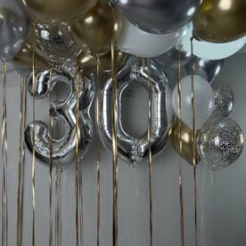 Любые цифры 2шт, фонтан из шаров и шары под потолок Хром 15шт, Гелиевые шары, Воздушные шарики