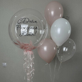 Баблс с любой надписью и перышками, фонтан из 7 шаров в розовом цвете, Гелиевые шары, Воздушные шарики