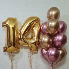 Композиция из воздушных шаров с золотыми цифрами, хром золото, хром розовый