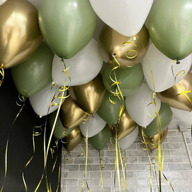 Воздушные шары под потолок: золото хром, матовые белый, матовый эвкалипт 25шт