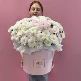 Гигантская композиция из хризантем в коробке