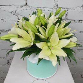 Композиция 5 белых азиатских лилий в коробке