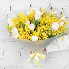 Букет 15 белых тюльпанов с мимозой