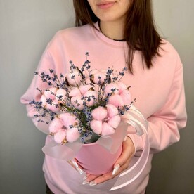 Сухоцветы розовый хлопок и лаванда в коробочке