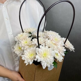 Композиция в сумке крафт (конус) с кустовой хризантемой