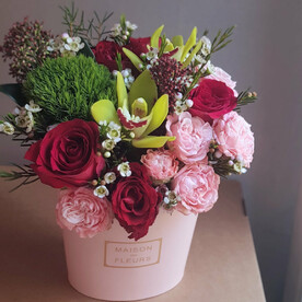 Цветы в розовой коробке. Красная роза,пионовидная роза Бомбастик, зеленая орхидея и зеленый диантус MINI