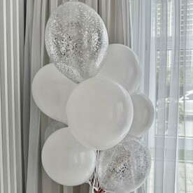 Сет из 9 шаров с гелием белый с серебристыми блестками