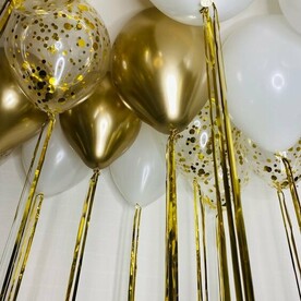 Шары под потолок золото хром, былые и прозрачные с конфетти и дождиком