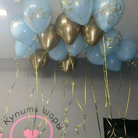 Шары под потолок золото хром, дабл стафф с конфетти, голубой 15 шт