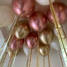 Шары с гелием под потолок розовое золото, золото, белый песок с дождиком 15 шт