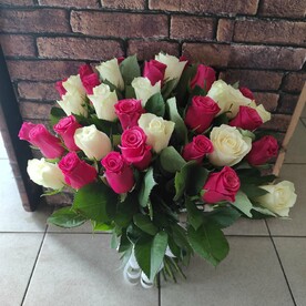25 роз красных и белых под ленту