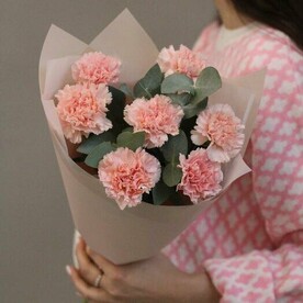 Букет из 7 розовых гвоздик с эвкалиптом