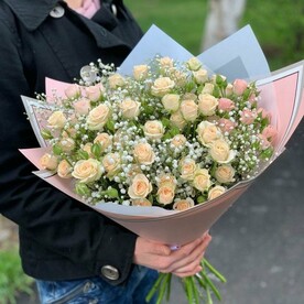 Роза кустовая, Гипсофила, Упаковка, Открытка