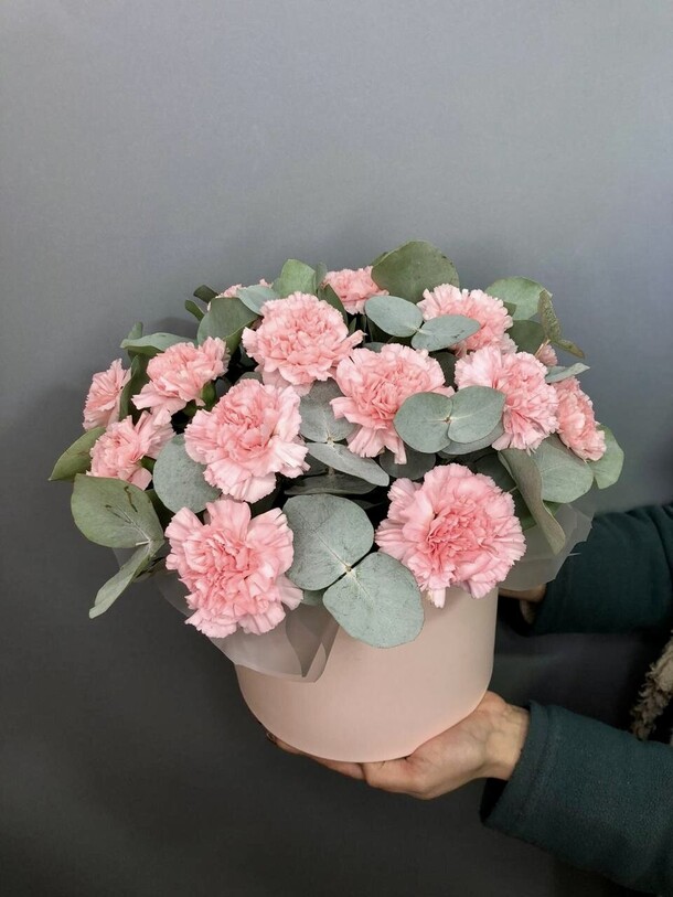 Гвоздика с эвкалиптом в коробке, артикул F1258013 - 7079 рублей, доставка по городу. Flawery - доставка цветов