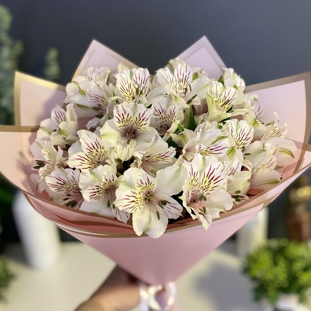 Букет из 7 белых альстромерий в упаковке, артикул F1195555 - 2950 рублей, доставка по городу. Flawery - доставка цветов