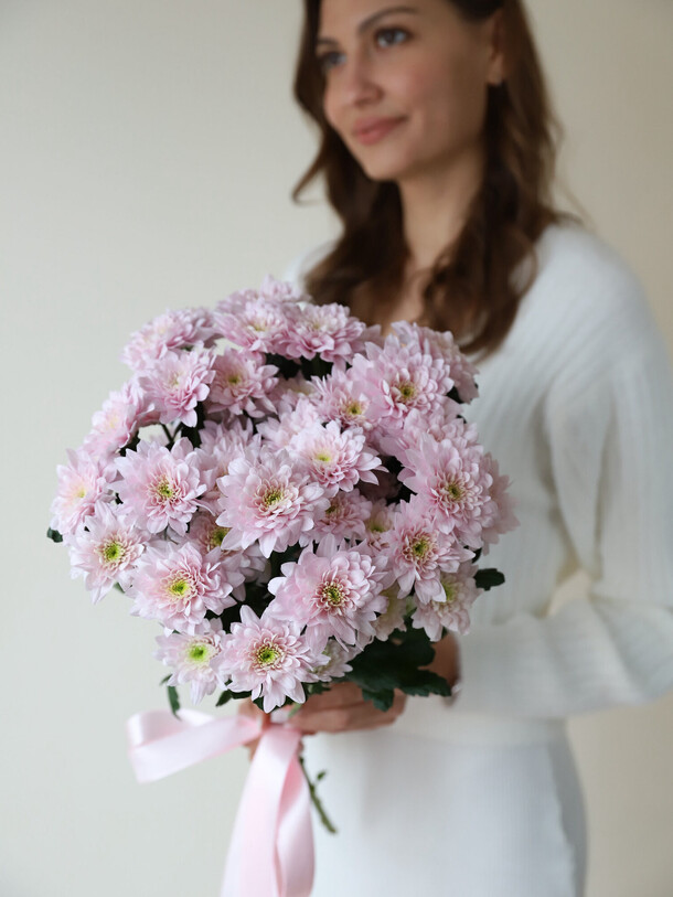 Хризантемы нежные в ленту (5 шт), артикул F1402845 - 2400 рублей, доставка по городу. Flawery - доставка цветов