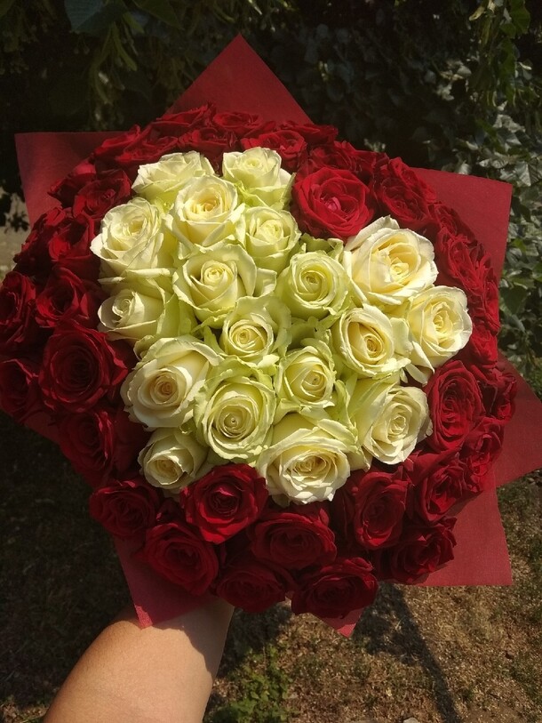 55 роз бело красных, артикул F39476 - 11990 рублей, доставка по городу. Flawery - доставка цветов