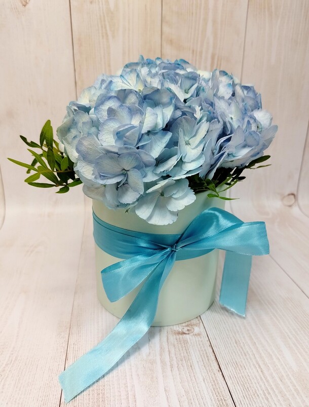 Гортензия в шляпной коробке, артикул F1245455 - 2500 рублей, доставка по городу. Flawery - доставка цветов