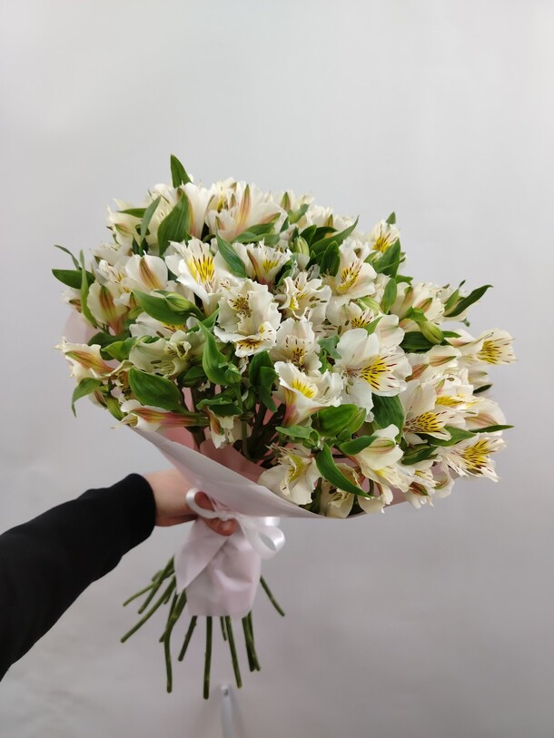 27 пышных белых альстромерий, артикул F1421465 - 5500 рублей, доставка по городу. Flawery - доставка цветов