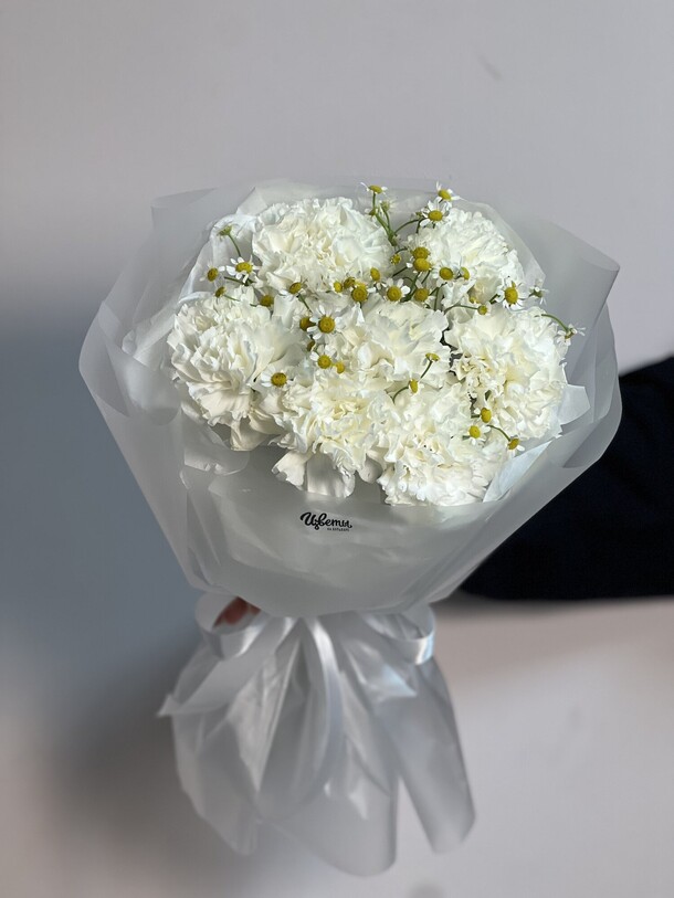 Букет с гвоздиками и ромашкой, артикул F1365673 - 3720 рублей, доставка по городу. Flawery - доставка цветов