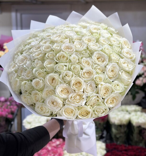 Белые розы аваланж 101шт 60см, артикул F1325073 - 23650 рублей, доставка по городу. Flawery - доставка цветов
