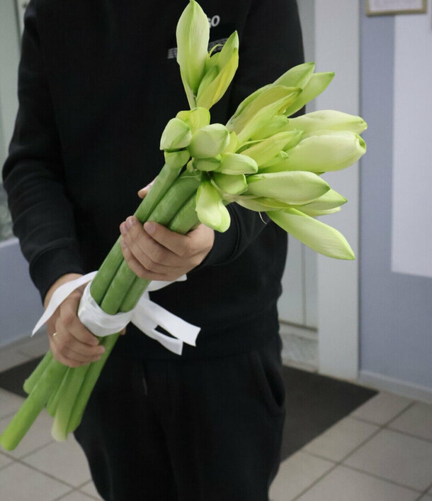 Букет из 5 амариллисов, артикул F1296296 - 4890 рублей, доставка по городу. Flawery - доставка цветов