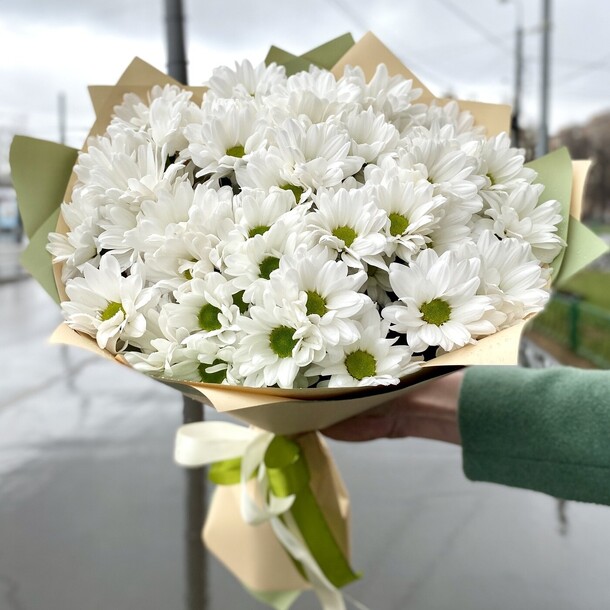 Букет белых хризантем "белый бархат", артикул F1430327 - 3619 рублей, доставка по городу. Flawery - доставка цветов