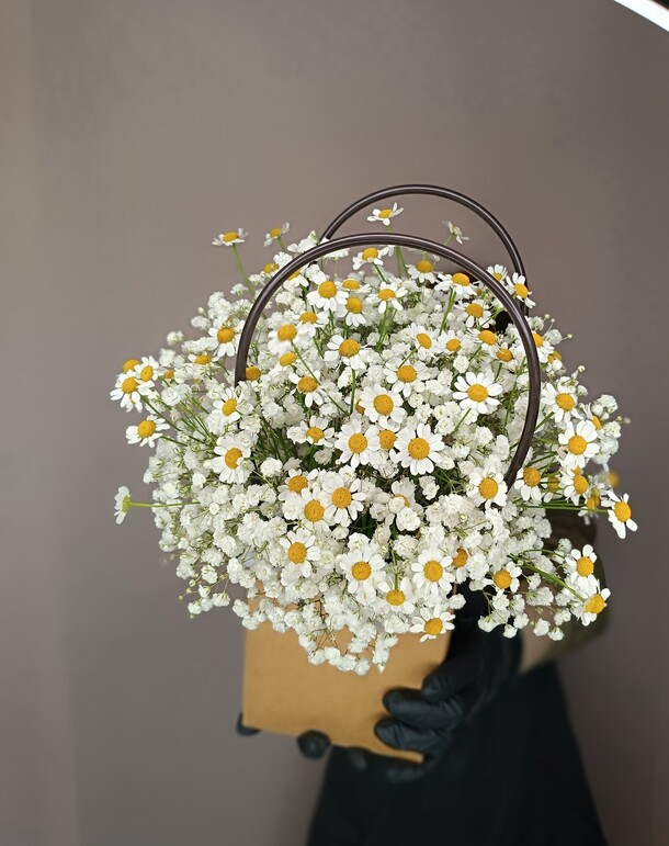 Стойкие цветы гипсофила и ромашки в сумочке, артикул F1320819 - 4100 рублей, доставка по городу. Flawery - доставка цветов