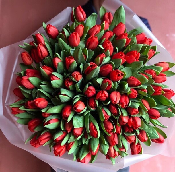 101 тюльпан в оформлении, артикул F1101267 - 27000 рублей, доставка по городу. Flawery - доставка цветов