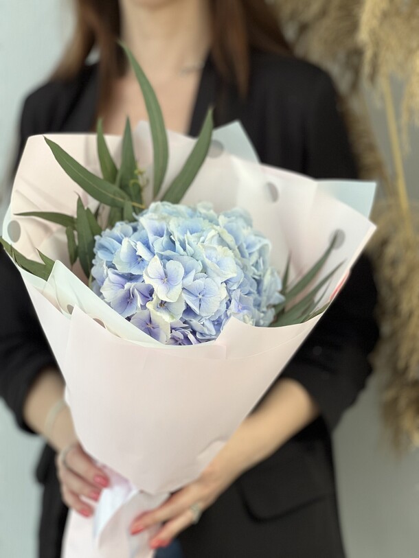 Голубая гортензия с эвкалиптом, артикул F1193821 - 1990 рублей, доставка по городу. Flawery - доставка цветов