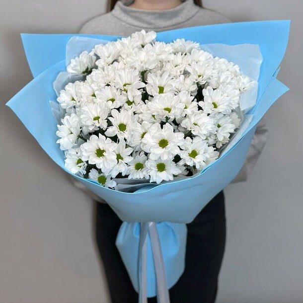 Букет из ромашек хризантем в голубом оформлении, артикул F1349966 - 4455 рублей, доставка по городу. Flawery - доставка цветов