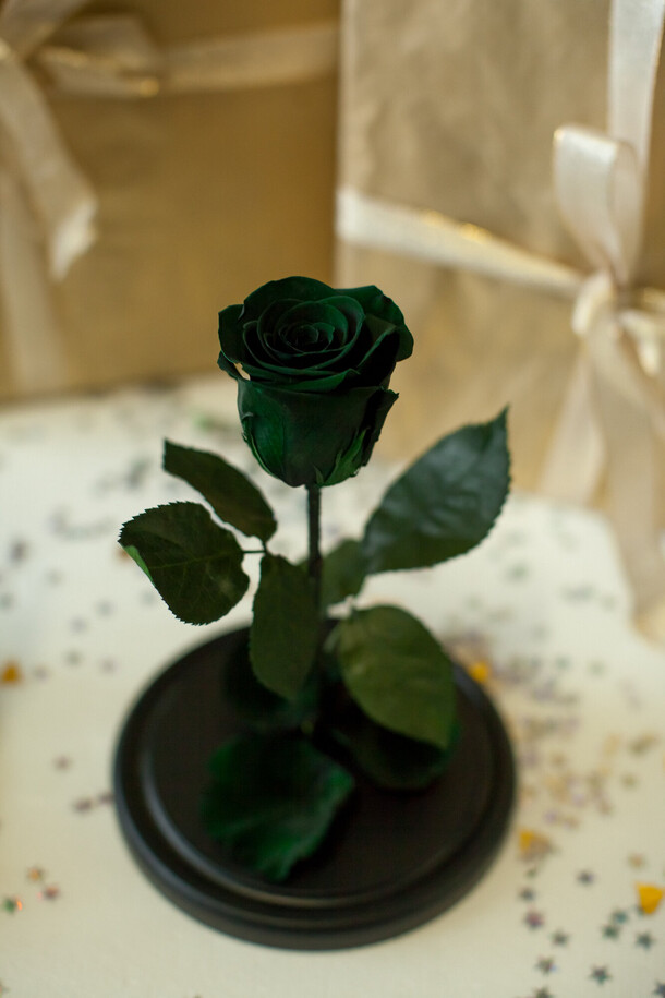 Зелёная «мини» роза в колбе в подарочной коробке- живет 5 лет. 22 см, артикул F1198074 - 3542 рублей, доставка по городу. Flawery - доставка цветов