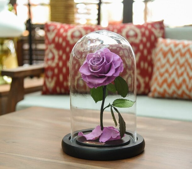 Лиловая «vip» роза в колбе в подарочной коробке- живет 5 лет. 29 см, артикул F1198543 - 5632 рублей, доставка по городу. Flawery - доставка цветов