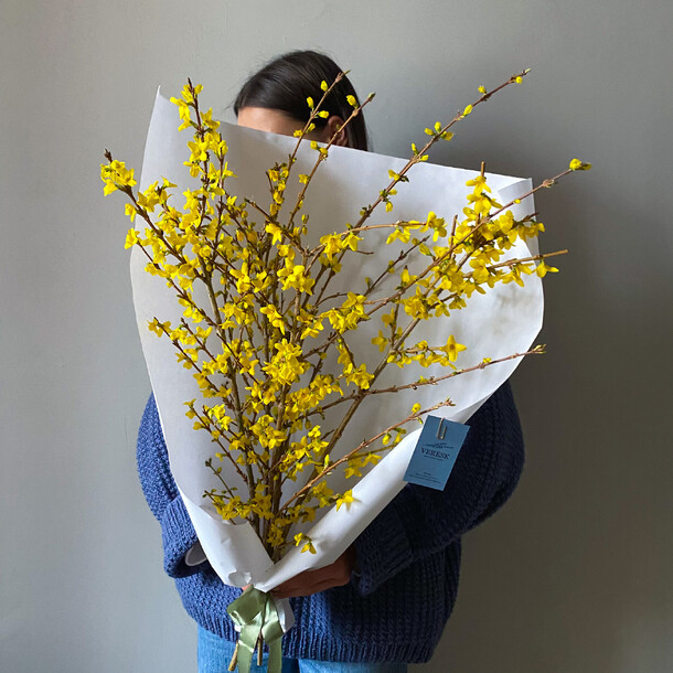 Букет из цветущих веточек форзиции, артикул F1265736 - 5790 рублей, доставка по городу. Flawery - доставка цветов