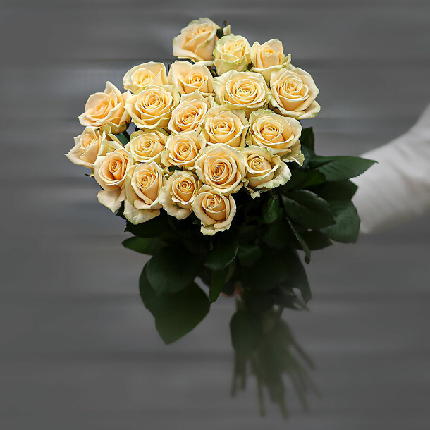 Букет из 19 кремовых роз (россия) с лентой 60 см, артикул F1229028 - 3795 рублей, доставка по городу. Flawery - доставка цветов